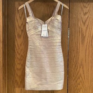 Herve Leger Paris Sweetheart Neck Banded Foil Mini Dress Gold Foil